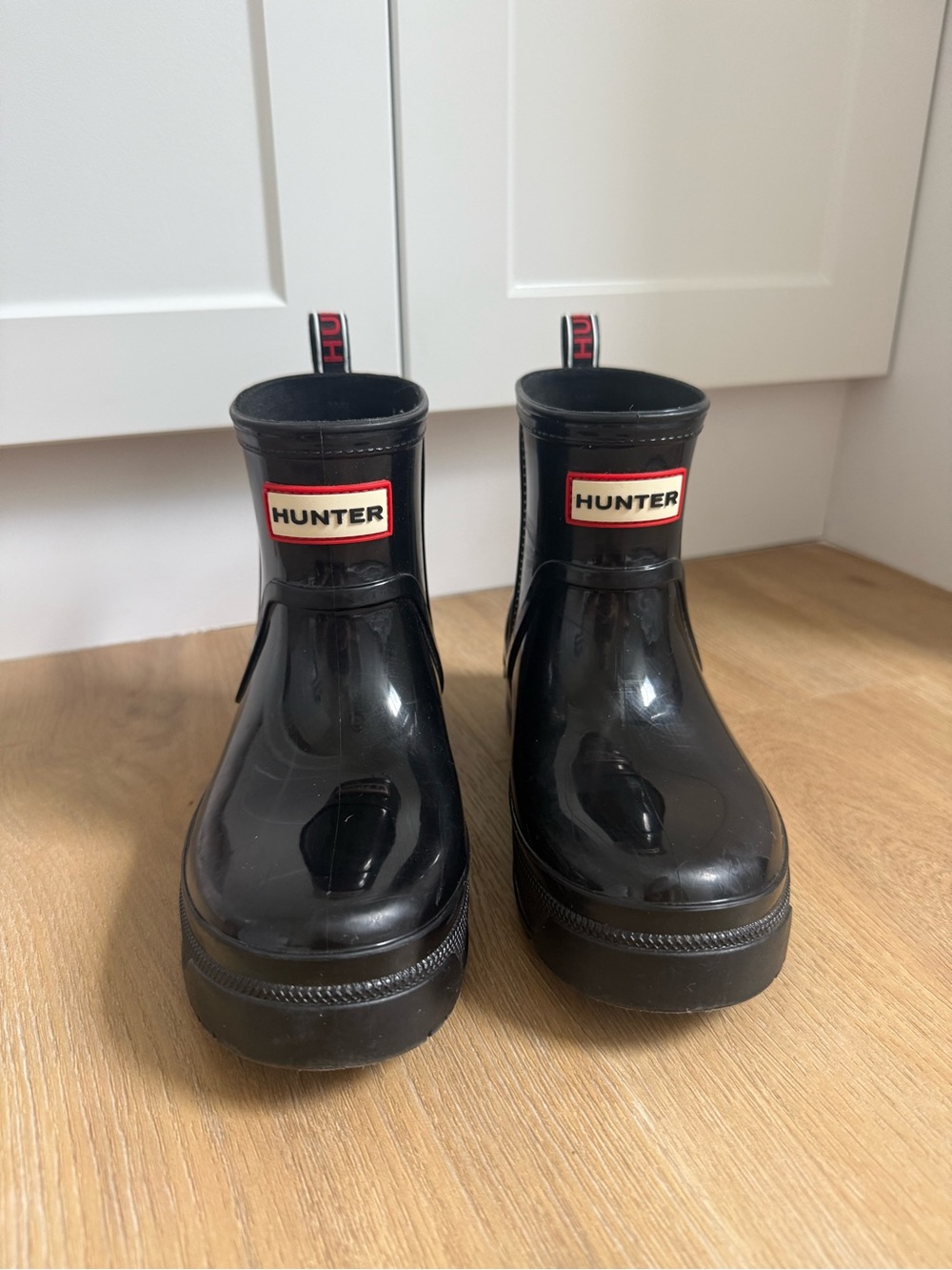 Hunter Kids Black Gloss Short Rain Boots with Red Accents
